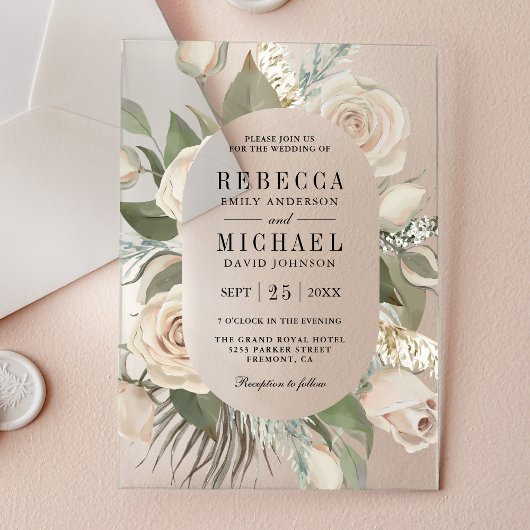 Rustic Boho Ivory Roses Sage Green Leaves Wedding Acryl Uitnodigingen