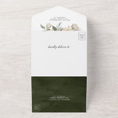 Rustic Boho Ivory Rozen Dark Sage Green Wedding All In One Uitnodiging (Buitenkant)