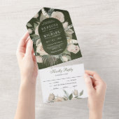Rustic Boho Ivory Rozen Dark Sage Green Wedding All In One Uitnodiging (Afscheurbaar)