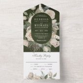 Rustic Boho Ivory Rozen Dark Sage Green Wedding All In One Uitnodiging (Binnen)