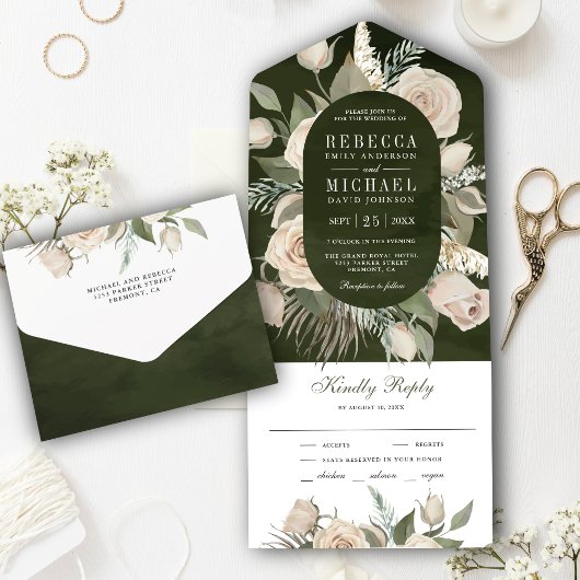 Rustic Boho Ivory Rozen Dark Sage Green Wedding All In One Uitnodiging