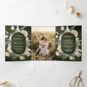 Rustic Boho Ivory Rozen Dark Sage Green Wedding Drieluik Uitnodiging (Binnen)