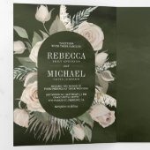 Rustic Boho Ivory Rozen Dark Sage Green Wedding Drieluik Uitnodiging (Binnenzijde eerst)