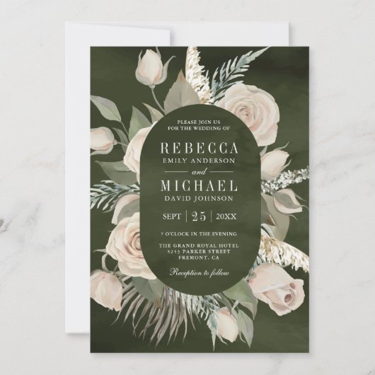 Rustic Boho Ivory Rozen Dark Sage Green Wedding Kaart (Voorkant)