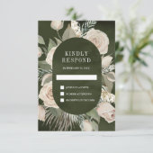 Rustic Boho Ivory Rozen Dark Sage Green Wedding RSVP Kaartje (Staand voorkant)