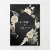 Rustic Boho Ivory Rozen Sage Green Black Wedding Drieluik Uitnodiging (Cover)