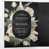 Rustic Boho Ivory Rozen Sage Green Black Wedding Drieluik Uitnodiging (Binnenzijde eerst)