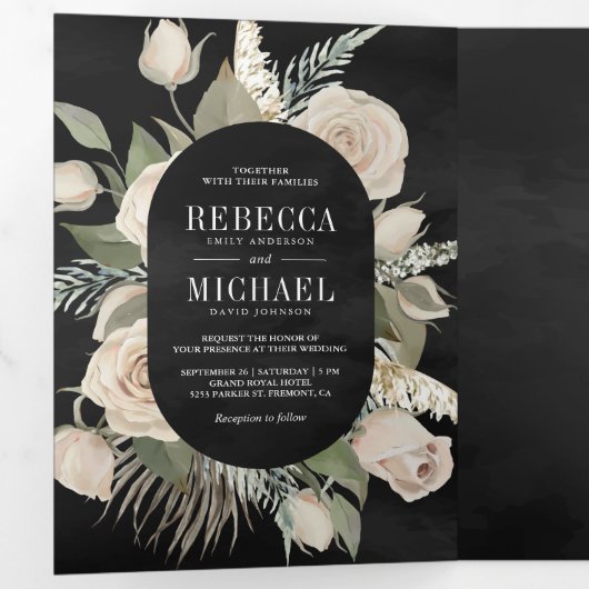 Rustic Boho Ivory Rozen Sage Green Black Wedding Drieluik Uitnodiging (Binnenzijde eerst)