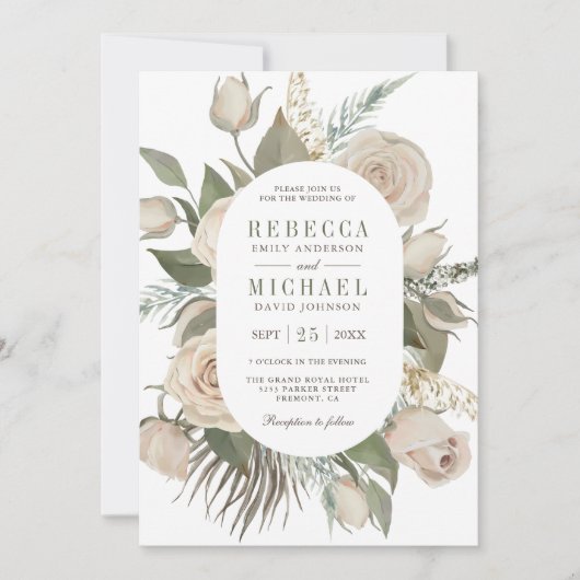 Rustic Boho Ivory Rozen Sage Green Leaves Wedding Kaart (Voorkant)