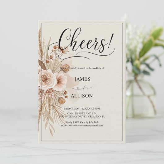 Rustic Boho juicht neutrale bloemen uitnodiging (Staand voorkant)