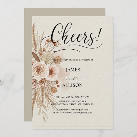 Rustic Boho juicht neutrale bloemen uitnodiging (Voorkant / Achterkant)