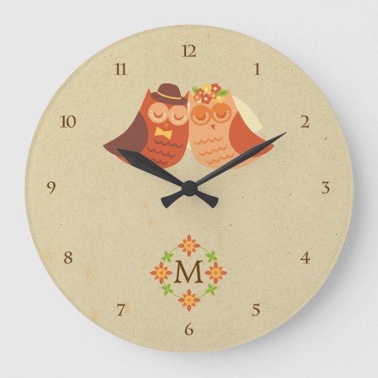 Rustic Boho Lovebird Uil paar Grote Klok (Voorkant)