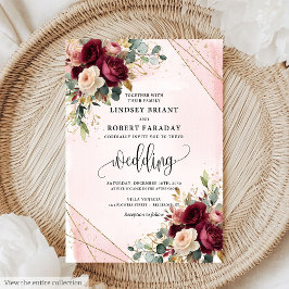 Rustic Boho Maroon Gold Blush Roses Wedding Invite Kaart