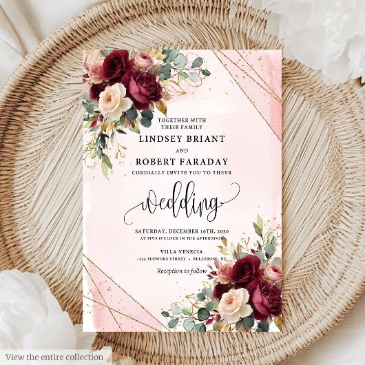 Rustic Boho Maroon Gold Blush Roses Wedding Invite Kaart