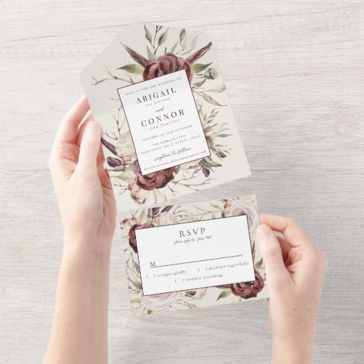 Rustic Boho Marsala Cream Floral All In One Uitnodiging (Afscheurbaar)