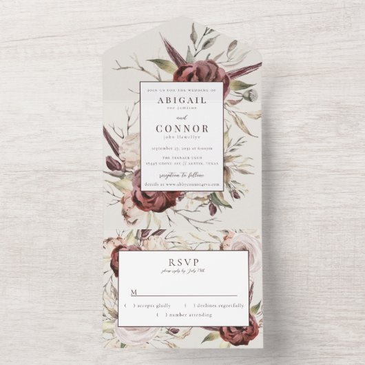 Rustic Boho Marsala Cream Floral All In One Uitnodiging (Binnen)