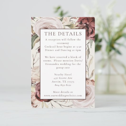 Rustic Boho Marsala Cream Floral Informatiekaartje (Staand voorkant)