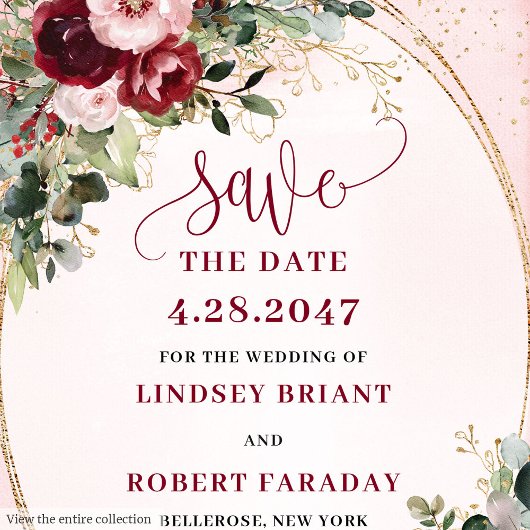 Rustic Boho Merlot Blush Gold Flowers Save Date Kaart