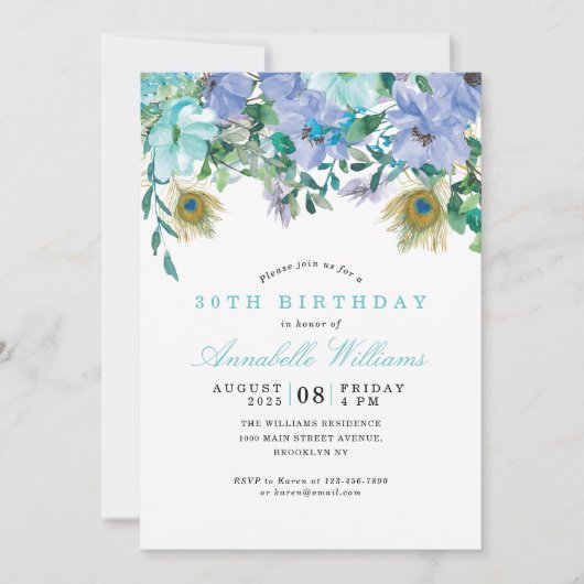 Rustic Boho Mint Green Blue Floral 30th Birthday Kaart (Voorkant)