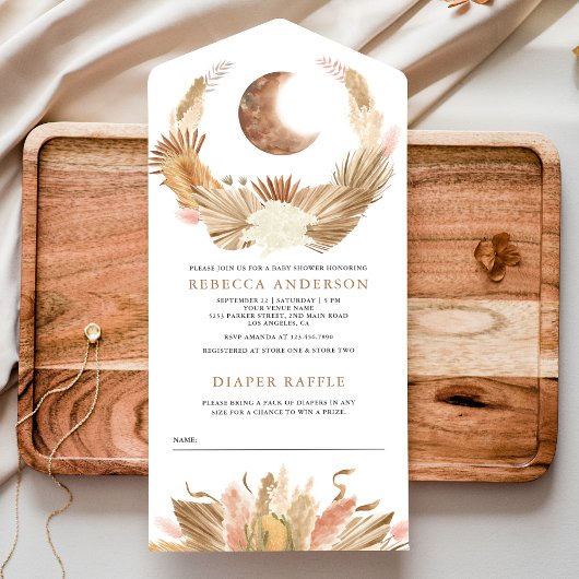 Rustic Boho Moon Pampas Grass Baby shower All In One Uitnodiging