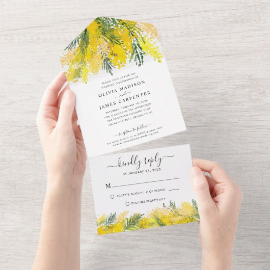 Rustic Boho Mustard Yellow Floral Summer Wedding All In One Uitnodiging (Afscheurbaar)