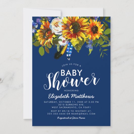 Rustic Boho Navy Blue Sunflower Baby shower Kaart (Voorkant)
