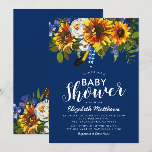 Rustic Boho Navy Blue Sunflower Baby shower Kaart (Voorkant / Achterkant)