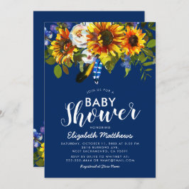 Rustic Boho Navy Blue Sunflower Baby shower Kaart