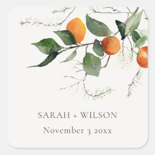 Rustic Boho Oranje Blossom Botanical Wedding Vierkante Sticker