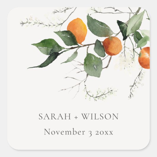Rustic Boho Oranje Blossom Botanical Wedding Vierkante Sticker (Voorkant)