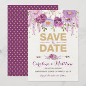 Rustic Boho Paars Gold Floral sla de datumkaart op Save The Date (Voorkant / Achterkant)