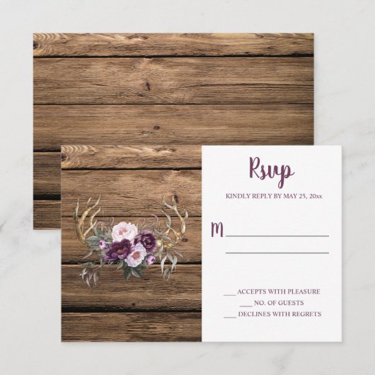 Rustic Boho Paars Plum Peonies Antlers RSVP Kaartje (Voorkant / Achterkant)