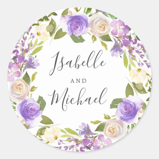 Rustic Boho Paarse Floral Monogram Weddenschap Ronde Sticker (Voorkant)