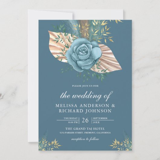 Rustic Boho Palm Dusty Blue Floral Wedding Kaart (Voorkant)