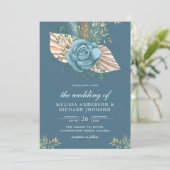Rustic Boho Palm Dusty Blue Floral Wedding Kaart (Staand voorkant)