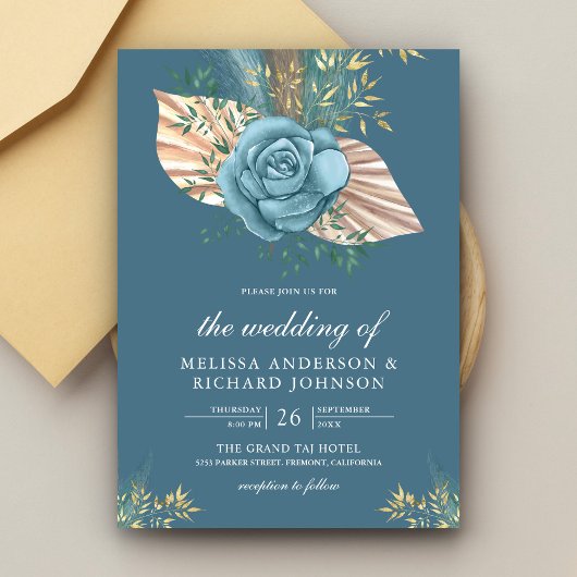Rustic Boho Palm Dusty Blue Floral Wedding Kaart