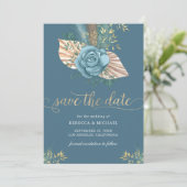 Rustic Boho Palm Dusty Blue Floral Wedding Save The Date (Staand voorkant)
