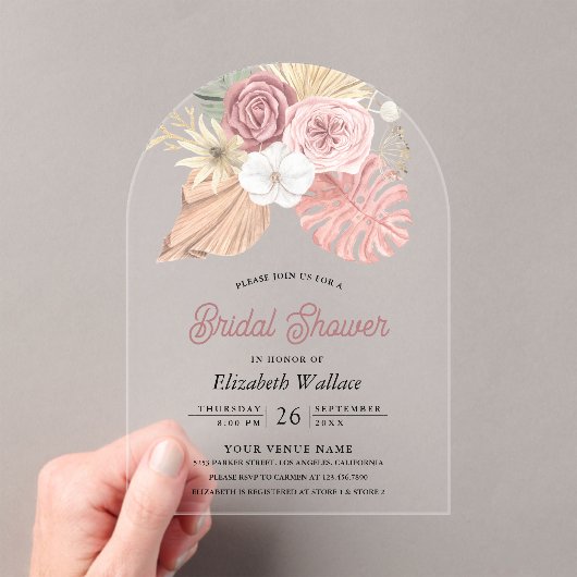 Rustic Boho Palm Dusty Pink Roses Bridal Shower Acryl Uitnodigingen (Insitu (Draagbaar))
