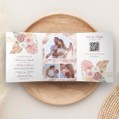 Rustic Boho Palm Dusty Pink Roses QR Code Weddensc Drieluik Uitnodiging