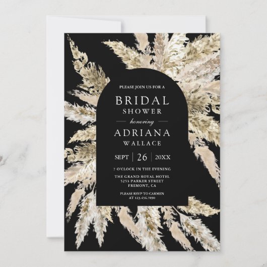 Rustic Boho Pampas Arch Black Vrijgezellenfeest Kaart (Voorkant)