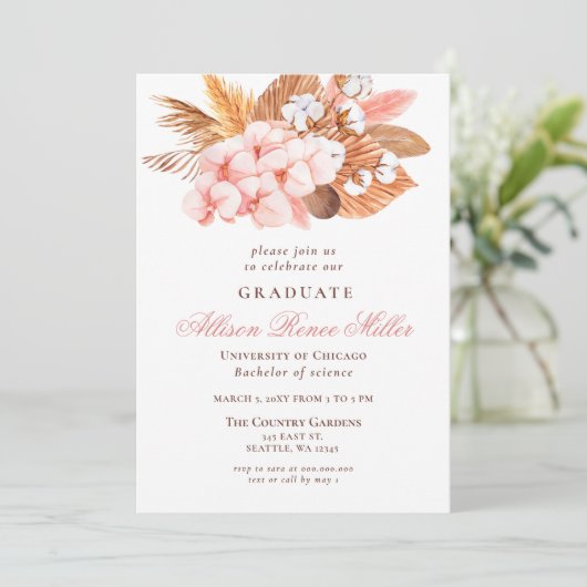 Rustic Boho Pampas Blush Floral Gradual Party Kaart (Staand voorkant)