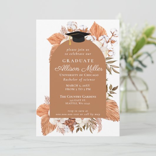 Rustic Boho Pampas Dried Palm Afstuderen Kaart (Staand voorkant)