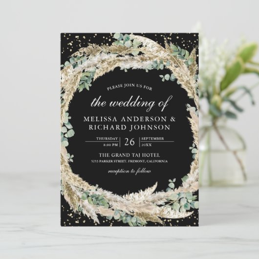 Rustic Boho Pampas Eucalyptus Wreath Black Wedding Kaart (Staand voorkant)