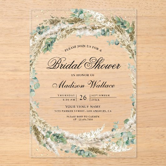 Rustic Boho Pampas Eucalyptus Wreath Bridal Shower Acryl Uitnodigingen (Voorkant)
