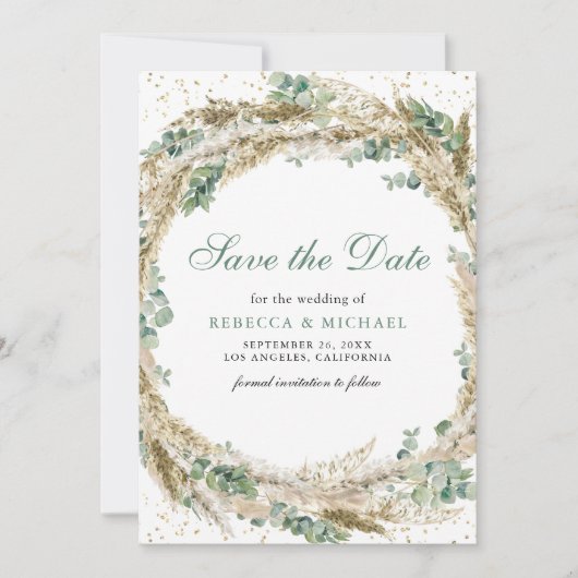 Rustic Boho Pampas Eucalyptus Wreath Weddenschap Save The Date (Voorkant)