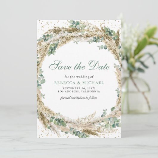 Rustic Boho Pampas Eucalyptus Wreath Weddenschap Save The Date (Staand voorkant)