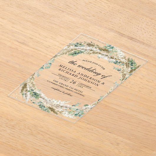 Rustic Boho Pampas Eucalyptus Wreath Wedding Acryl Uitnodigingen (Laagn)