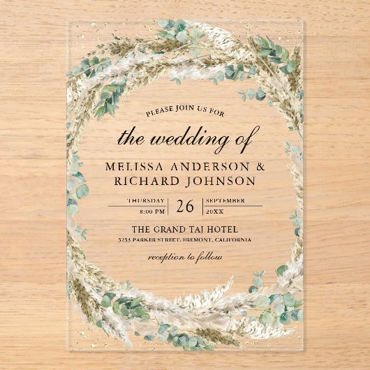 Rustic Boho Pampas Eucalyptus Wreath Wedding Acryl Uitnodigingen (Voorkant)