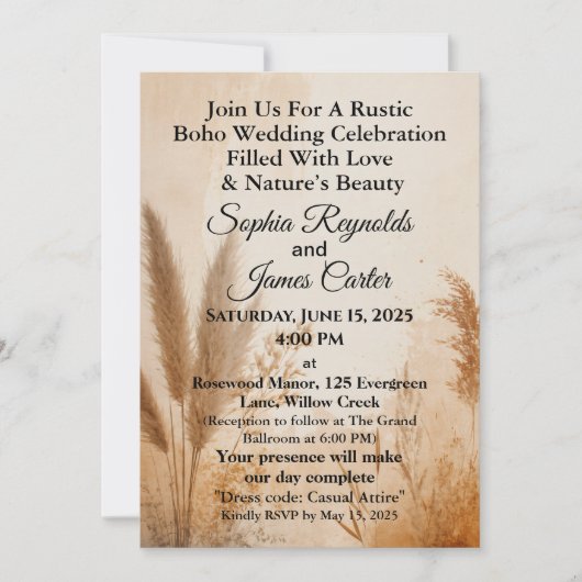 Rustic Boho | Pampas Gras Aardetinten bruiloft Kaart (Voorkant)