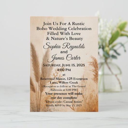 Rustic Boho | Pampas Gras Aardetinten bruiloft Kaart (Staand voorkant)
